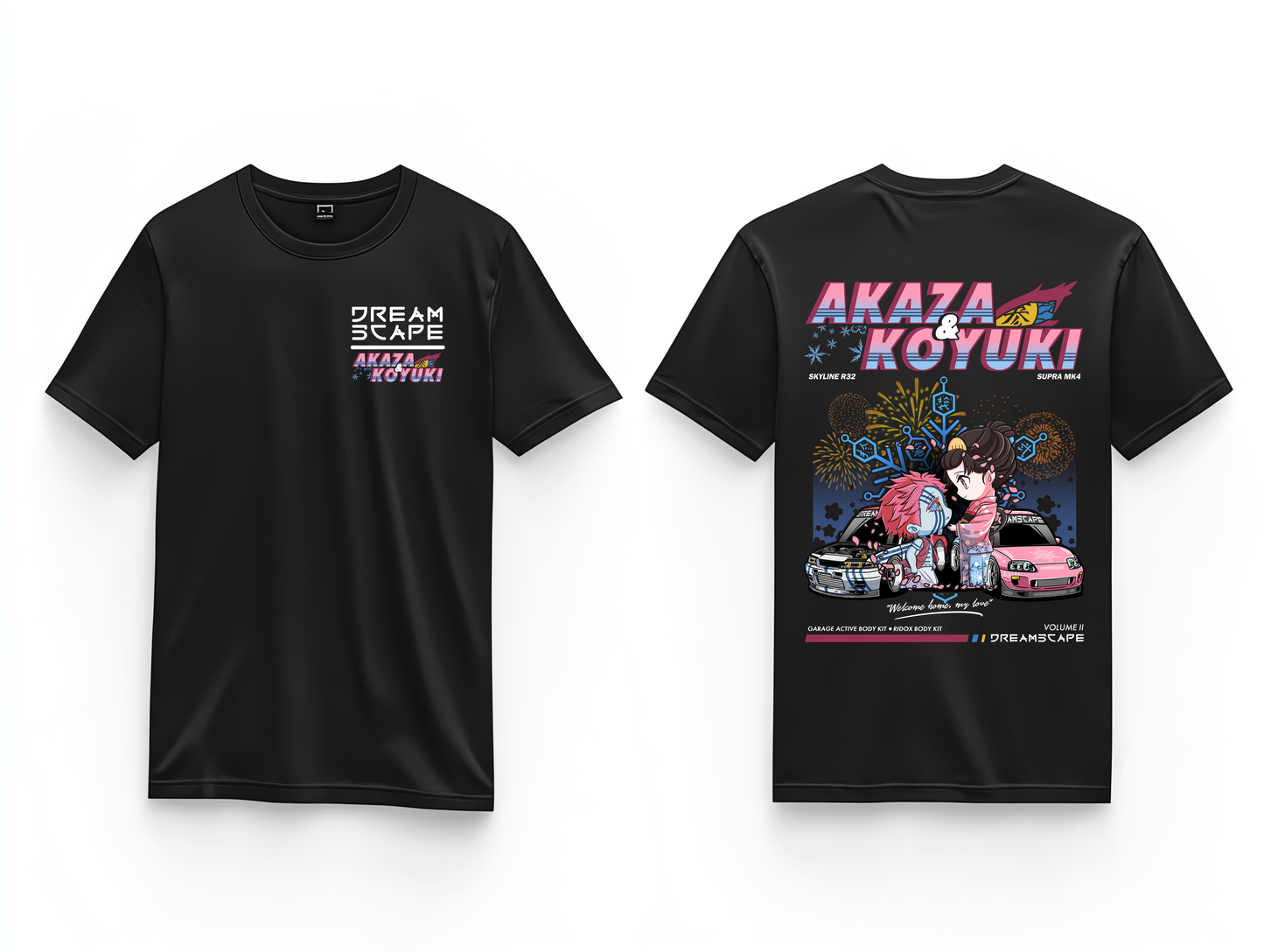 Akaza and Koyuki T-shirt with R32 GTR and MK4 Supra
